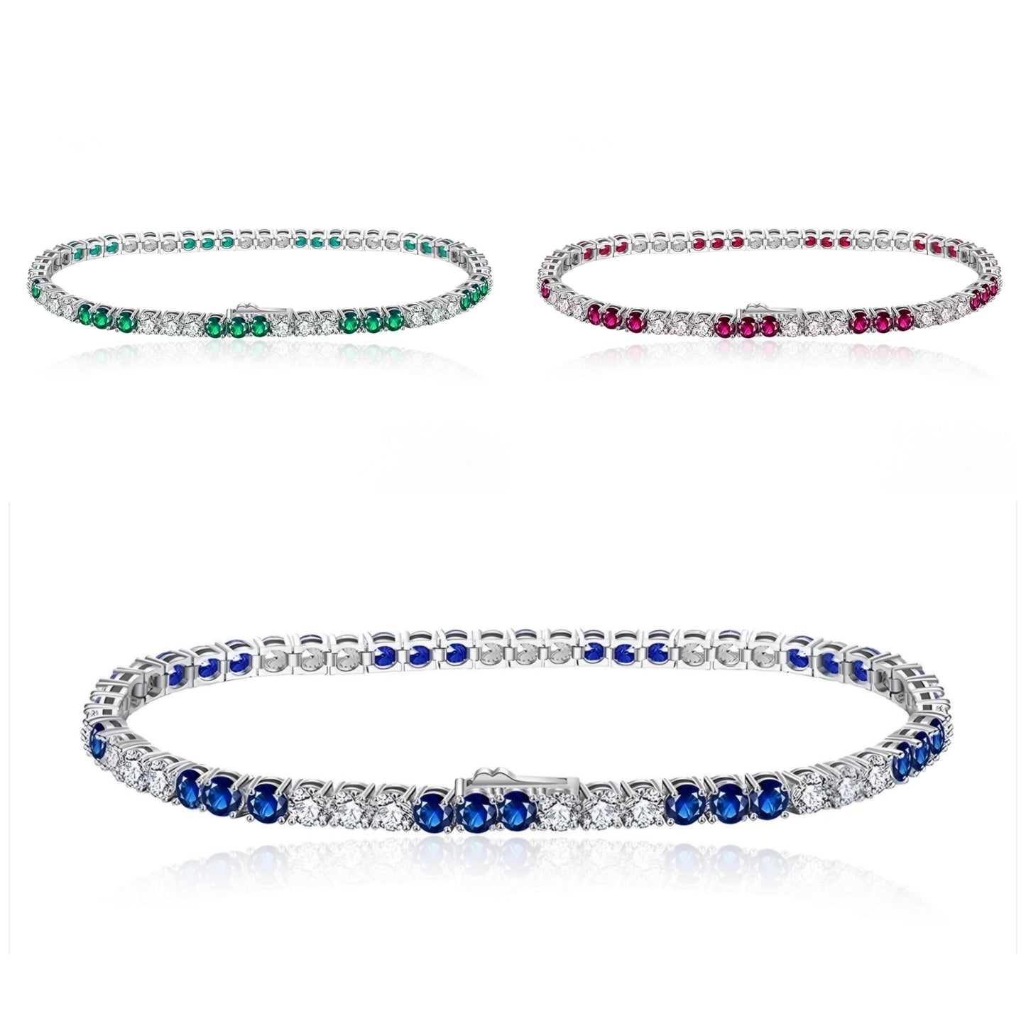 Sterling Silver 3 Alternating Sapphire and Clear 3mm CZ Bracelet