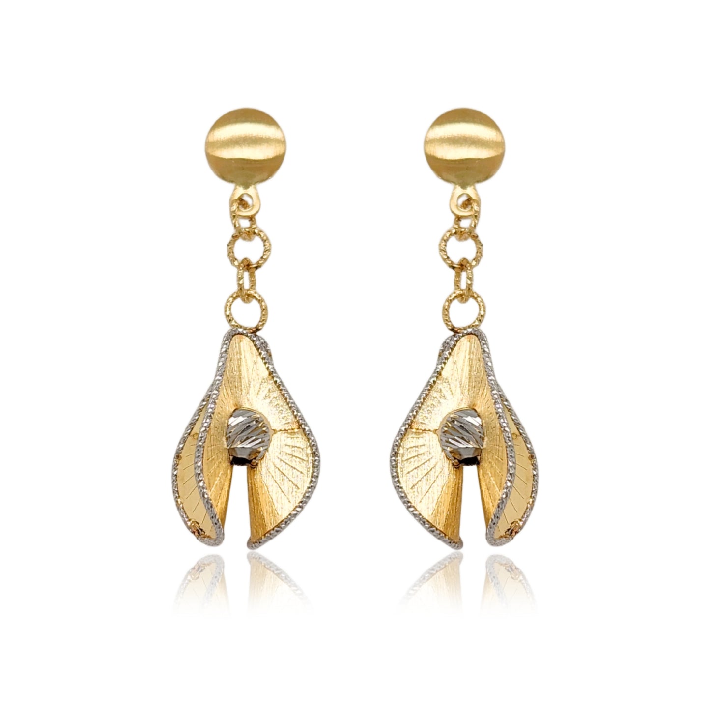 14K Gold Dangling 3D Teardrop Diamond Cut Earrings