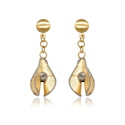 14K Gold Dangling 3D Teardrop Diamond Cut Earrings
