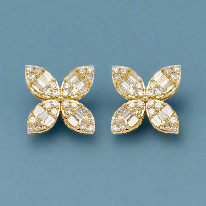 14K Gold Diamond Four Leaf Stud Earring