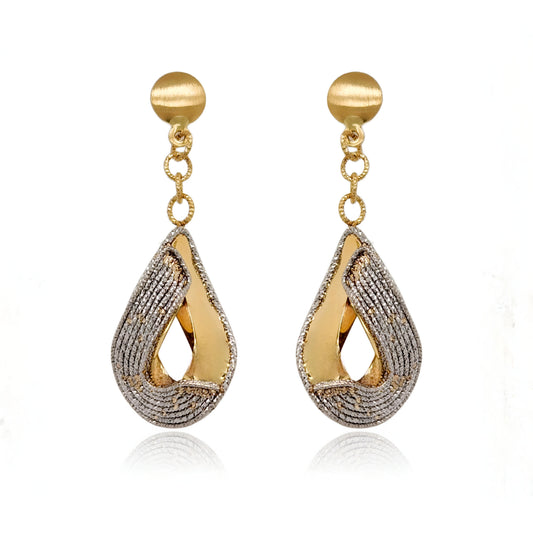 14K Gold Two Tone Teardrop Diamond Cut Earrings