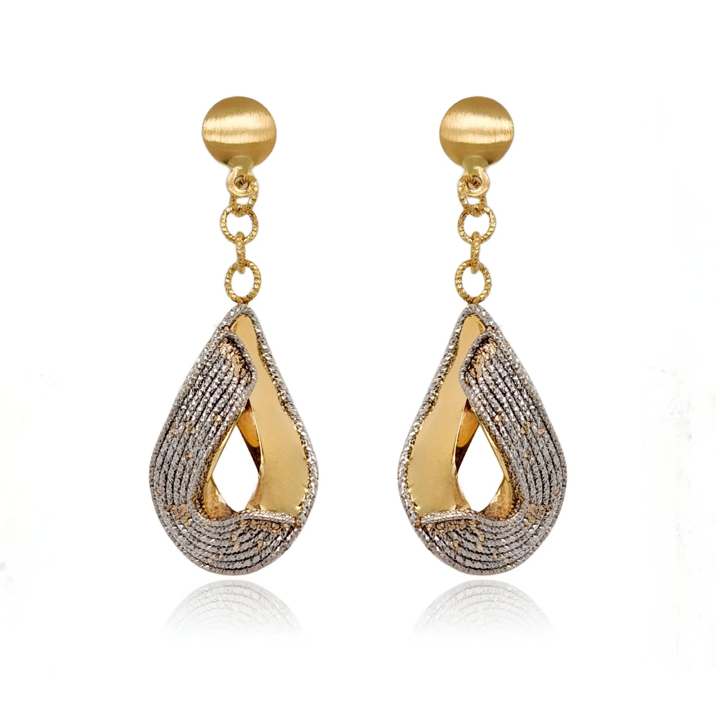 14K Gold Two Tone Teardrop Diamond Cut Earrings