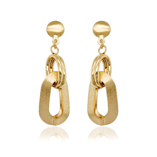 14K Dangling Brushed Gold Rectangle Diamond Cut Earrings