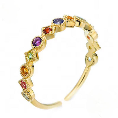 Sterling Silver Gold Plated Multicolor CZ Adjustable Ring