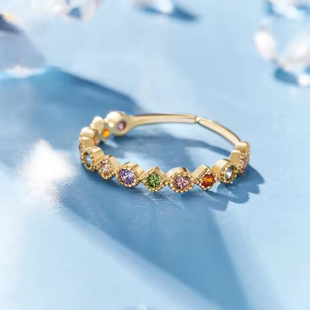 Sterling Silver Gold Plated Multicolor CZ Adjustable Ring