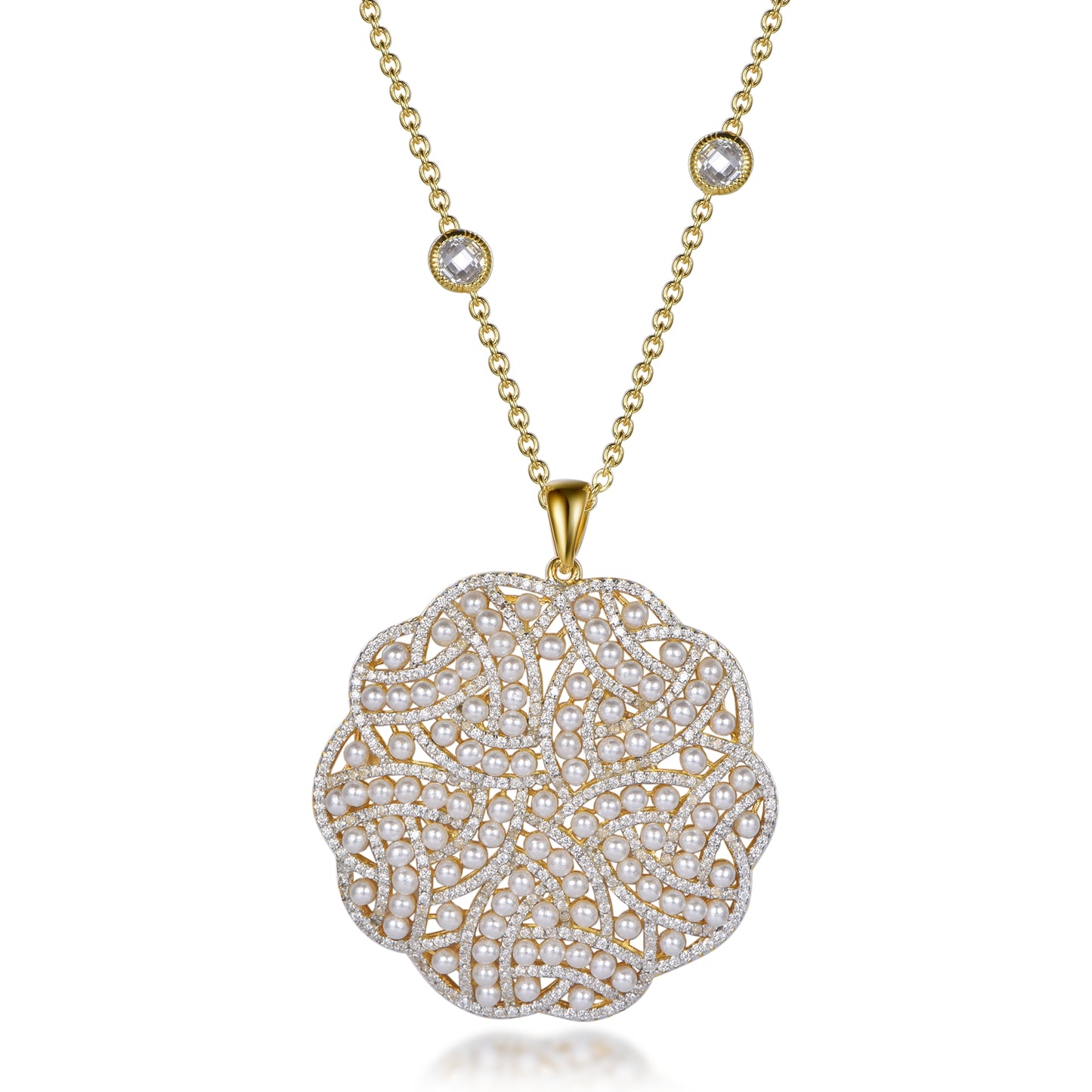 Gold Plated Sterling Silver Elegant Design Pearl and Micropave CZ Pendant Necklace