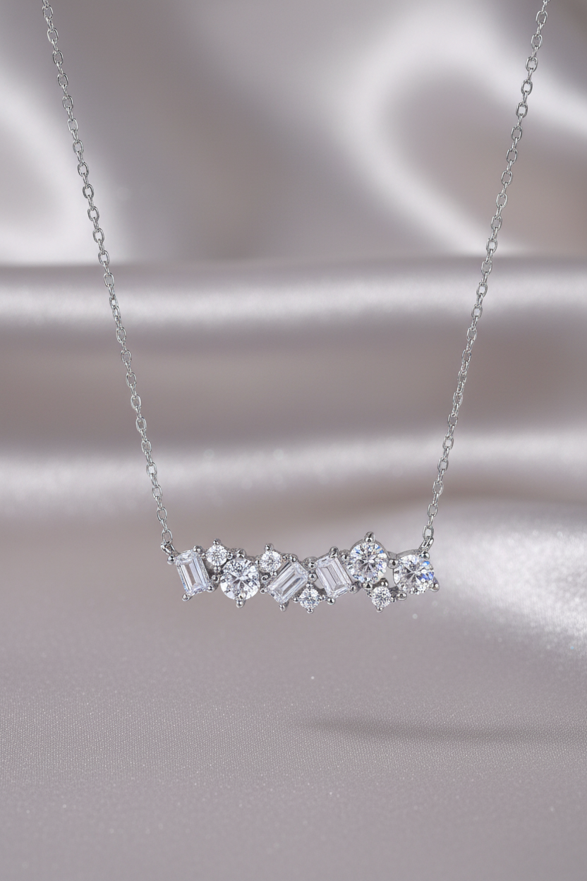 Sterling Silver CZ and Baguette Bar Necklace