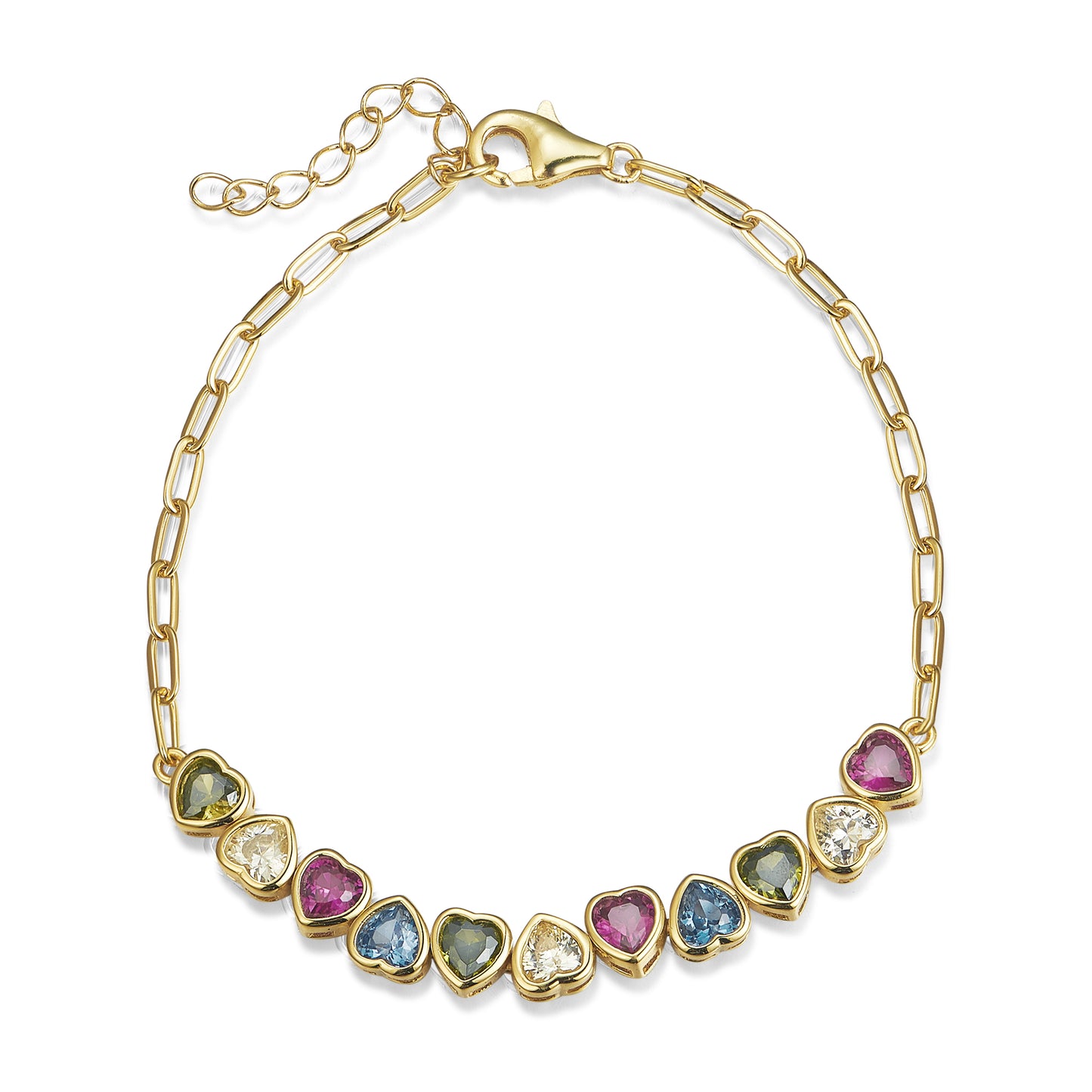 Sterling Silver Gold Plated Multicolor Heart Bracelet