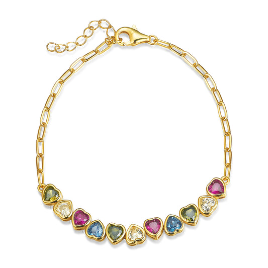 Sterling Silver Gold Plated Multicolor Heart Bracelet