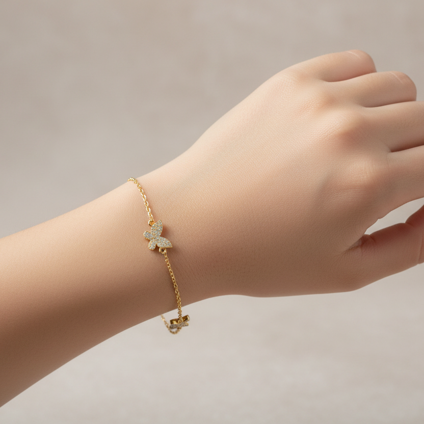 Sterling Silver Adjustable 3 Micropave Butterflies Bracelet - Rhodium or Gold Plated