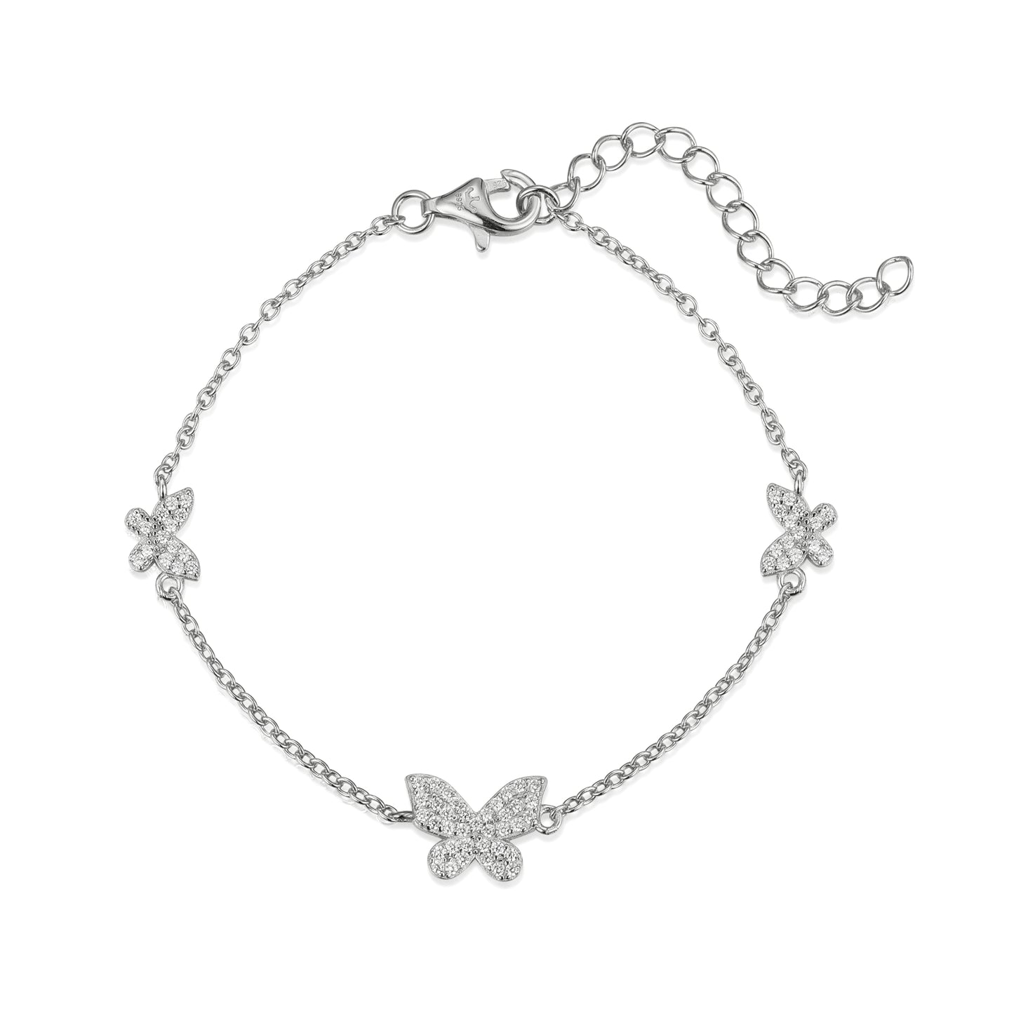 Sterling Silver Adjustable 3 Micropave Butterflies Bracelet