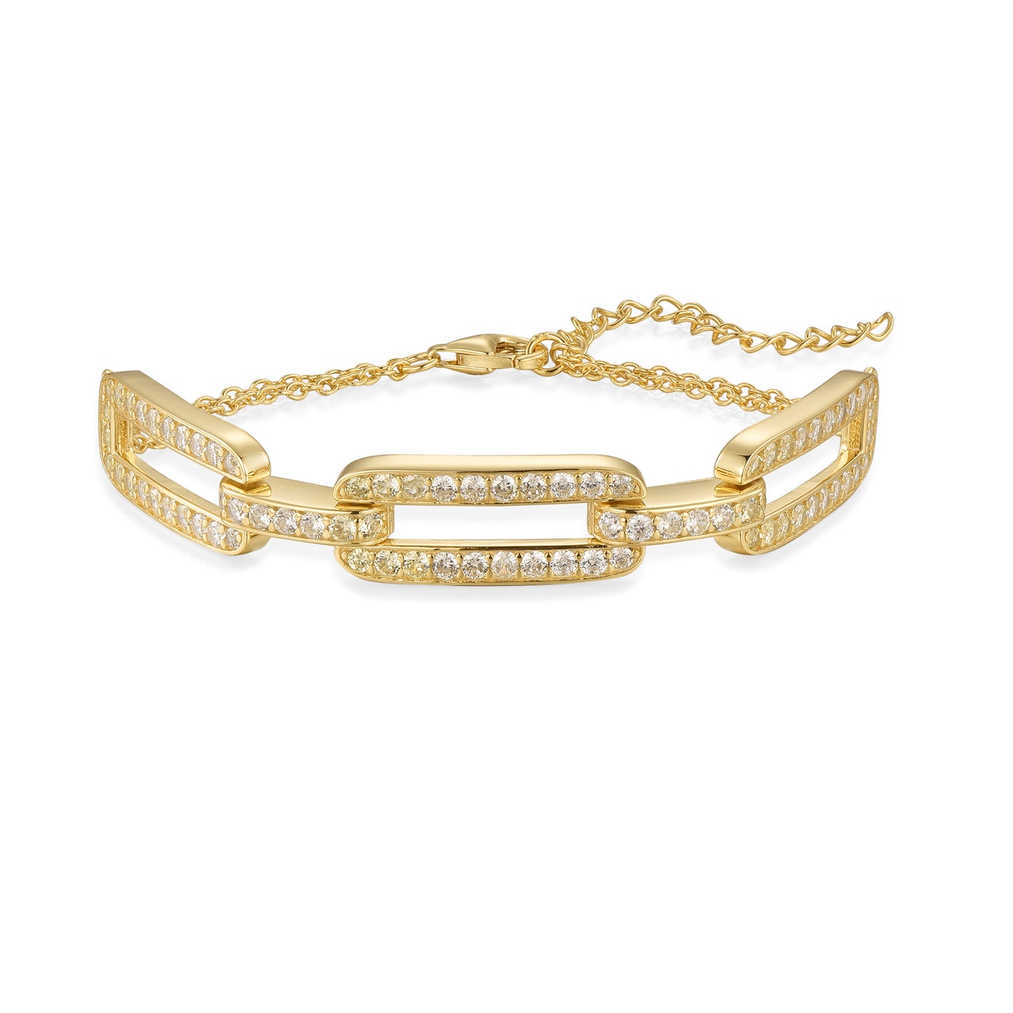 Sterling Silver Gold Plated CZ Paperclip on Double Chain Bracelet