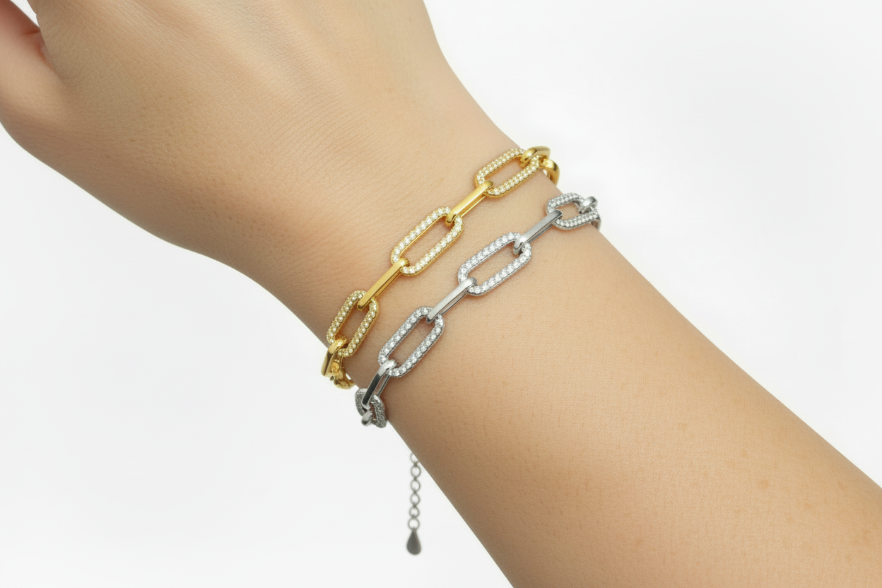 Sterling Silver CZ Paperclip Bracelet with Extension