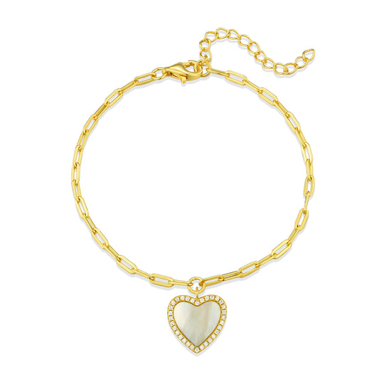 Gold Plated Sterling Silver Mother Of Pearl Heart On Paperclip Chain Bracelet