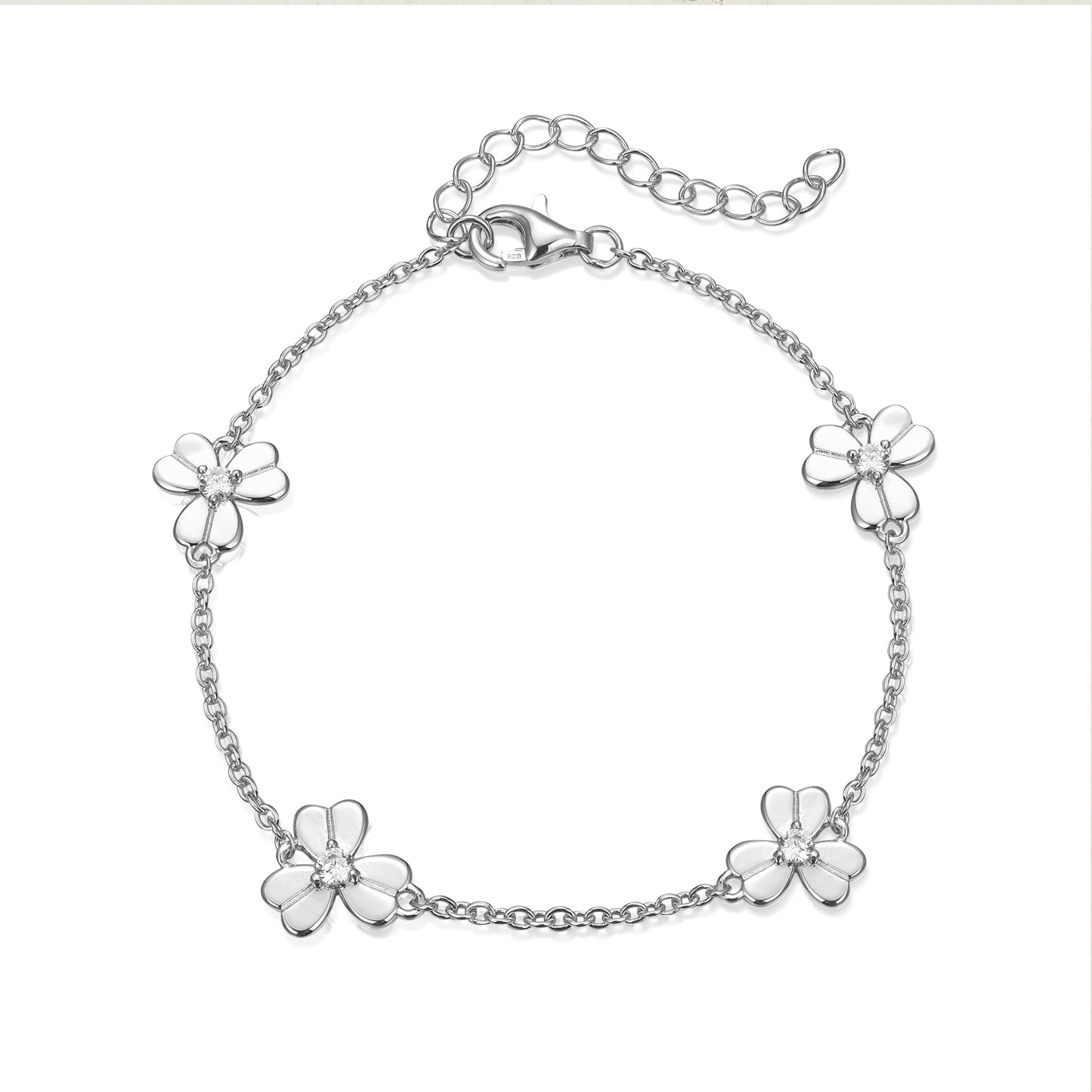 Gold Plated or Rhodium Plated Sterling Silver Three Leaf Flower With CZ Station Bracelet