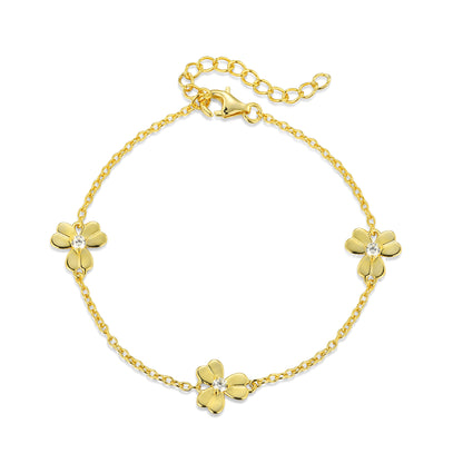 Gold Plated or Rhodium Plated Sterling Silver Three Leaf Flower With CZ Station Bracelet