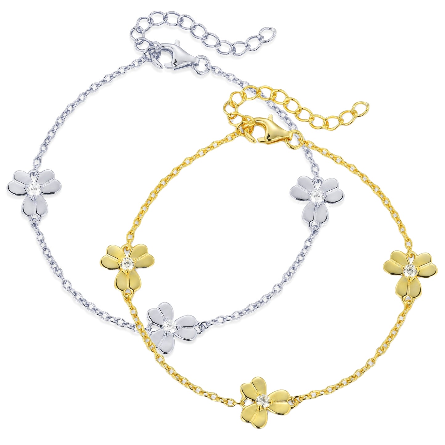 Gold Plated or Rhodium Plated Sterling Silver Three Leaf Flower With CZ Station Bracelet