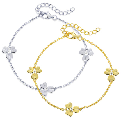 Gold Plated or Rhodium Plated Sterling Silver Three Leaf Flower With CZ Station Bracelet