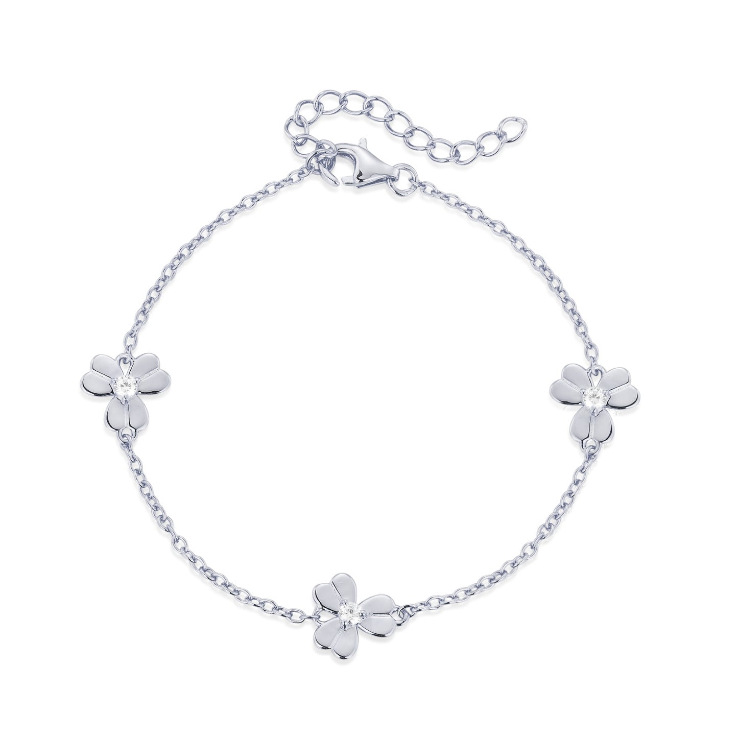 Gold Plated or Rhodium Plated Sterling Silver Three Leaf Flower With CZ Station Bracelet