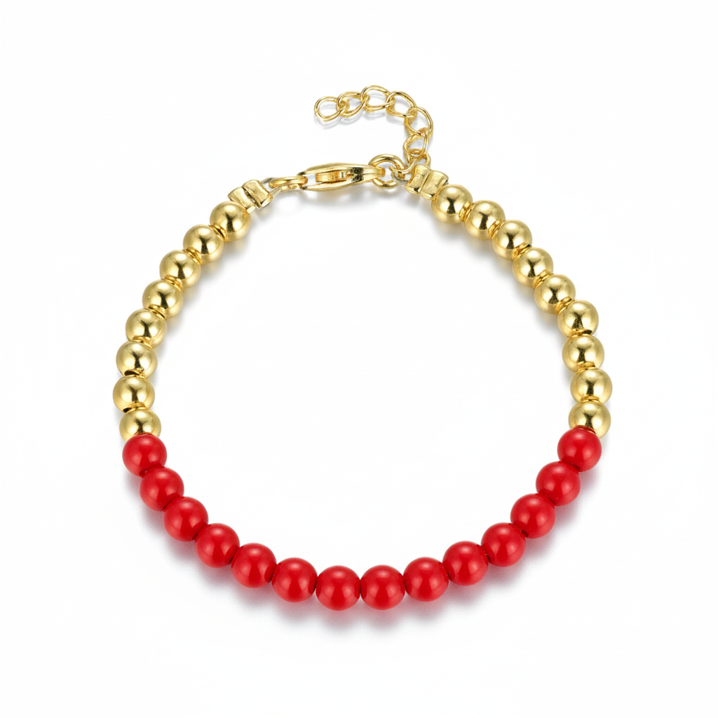 Gold Plated Sterling Silver 4mm Beads and Shell Pearls or Red Beads Bracelet