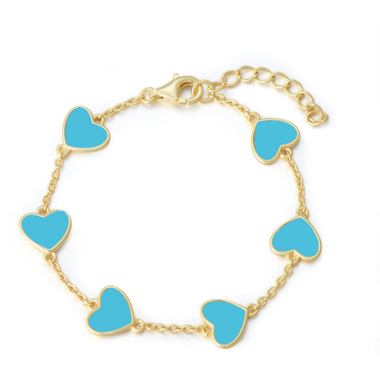 Gold Plated Sterling Silver Blue Enamel Heart Station Bracelet