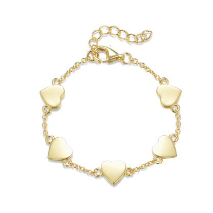 Gold Plated Sterling Silver Shiny Heart Station Bracelet