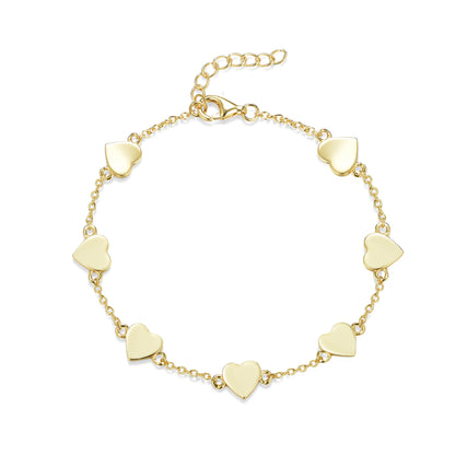 Gold Plated Sterling Silver Shiny Heart Station Bracelet