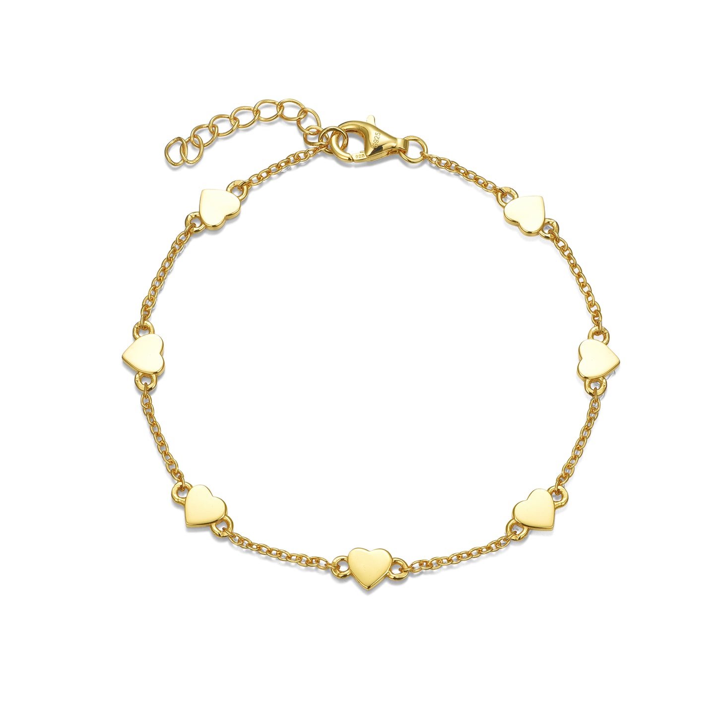 Gold Plated Sterling Silver Small Shiny Heart Station Bracelet