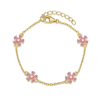 Sterling Silver Gold Plated CZ Flower Station Bracelet