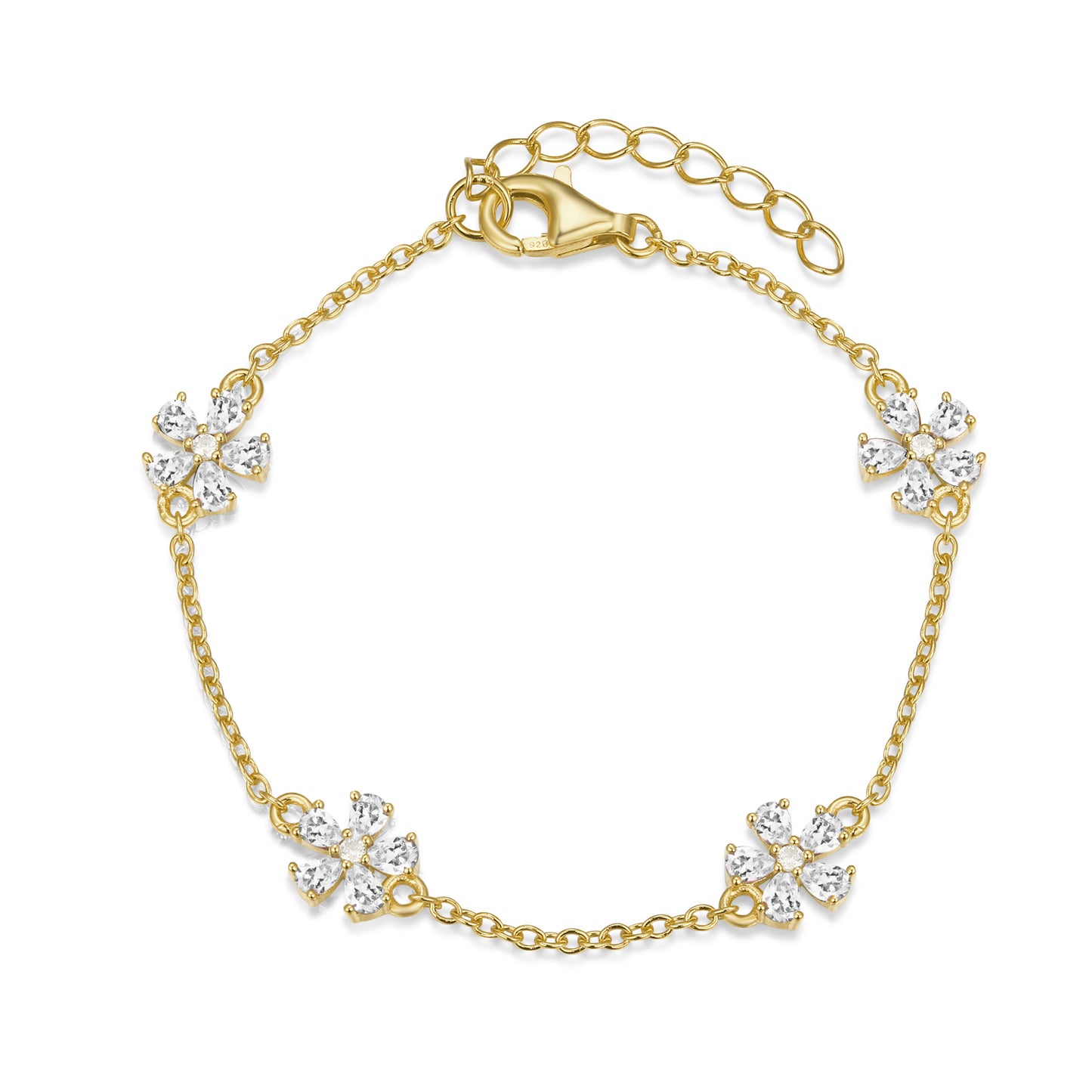 Sterling Silver Gold Plated CZ Flower Station Bracelet