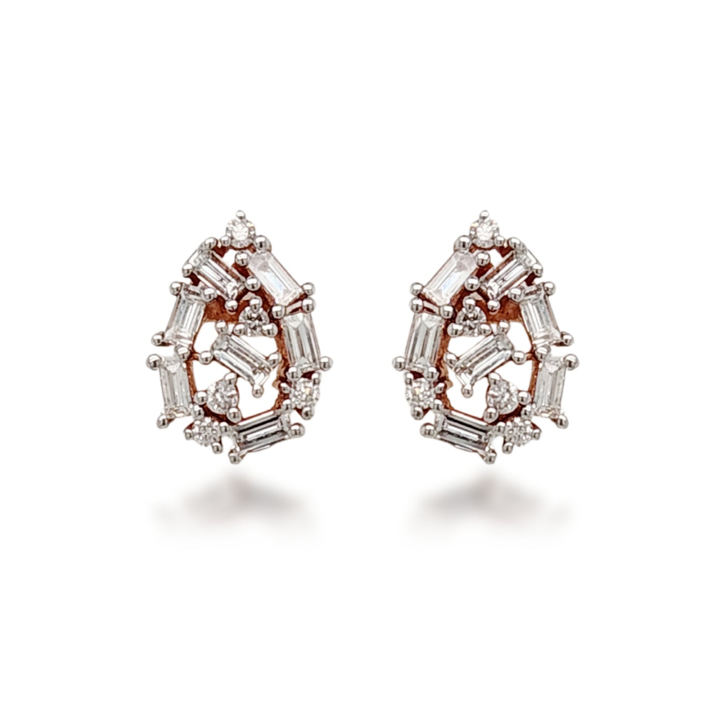 10K Rose Gold Diamond Baguettes Teardrop Stud Earrings
