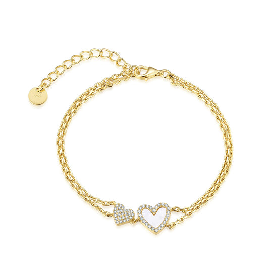 Gold Plated Sterling Silver Micropave Two Strand Double Heart Bracelet