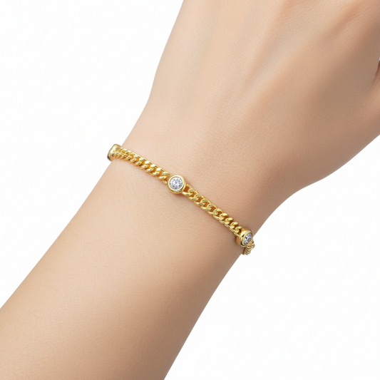 Sterling Silver Cuban Chain and Bezel Set CZ Bracelet