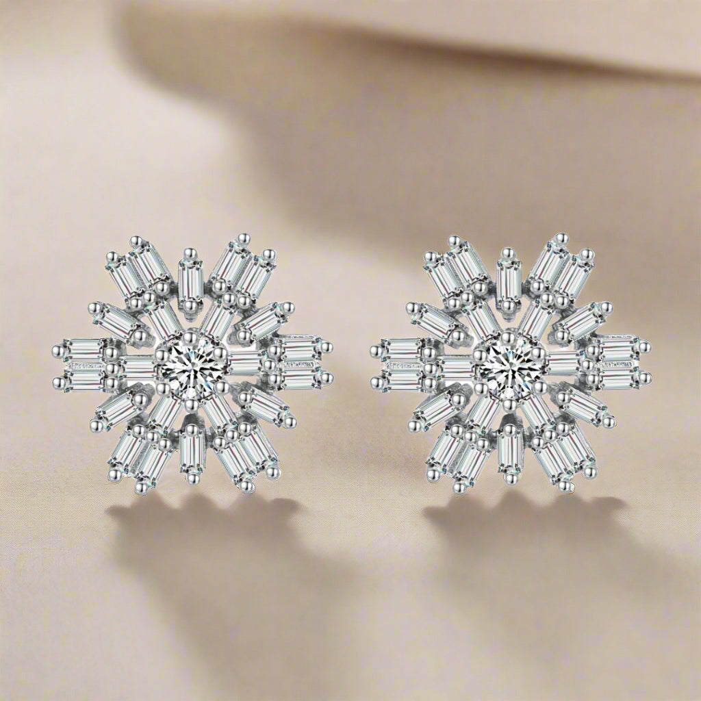 Sterling Silver Baguette Snowflake Stud Earrings