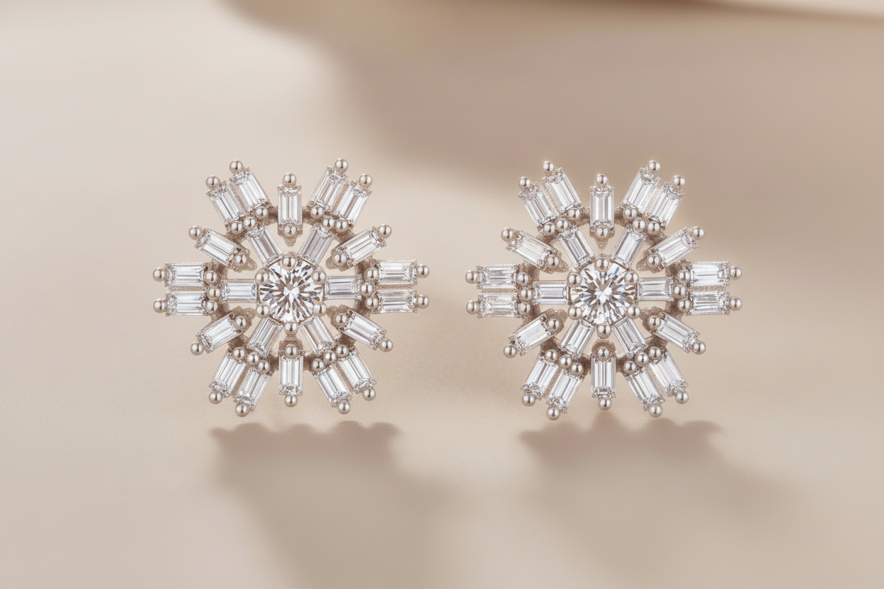 Sterling Silver Baguette Snowflake Stud Earrings