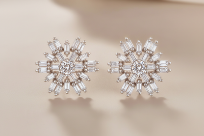 Sterling Silver Baguette Snowflake Stud Earrings