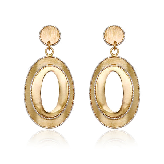 14K Gold Shiny Oval on Brushed Oval Diamond Cut Earrings