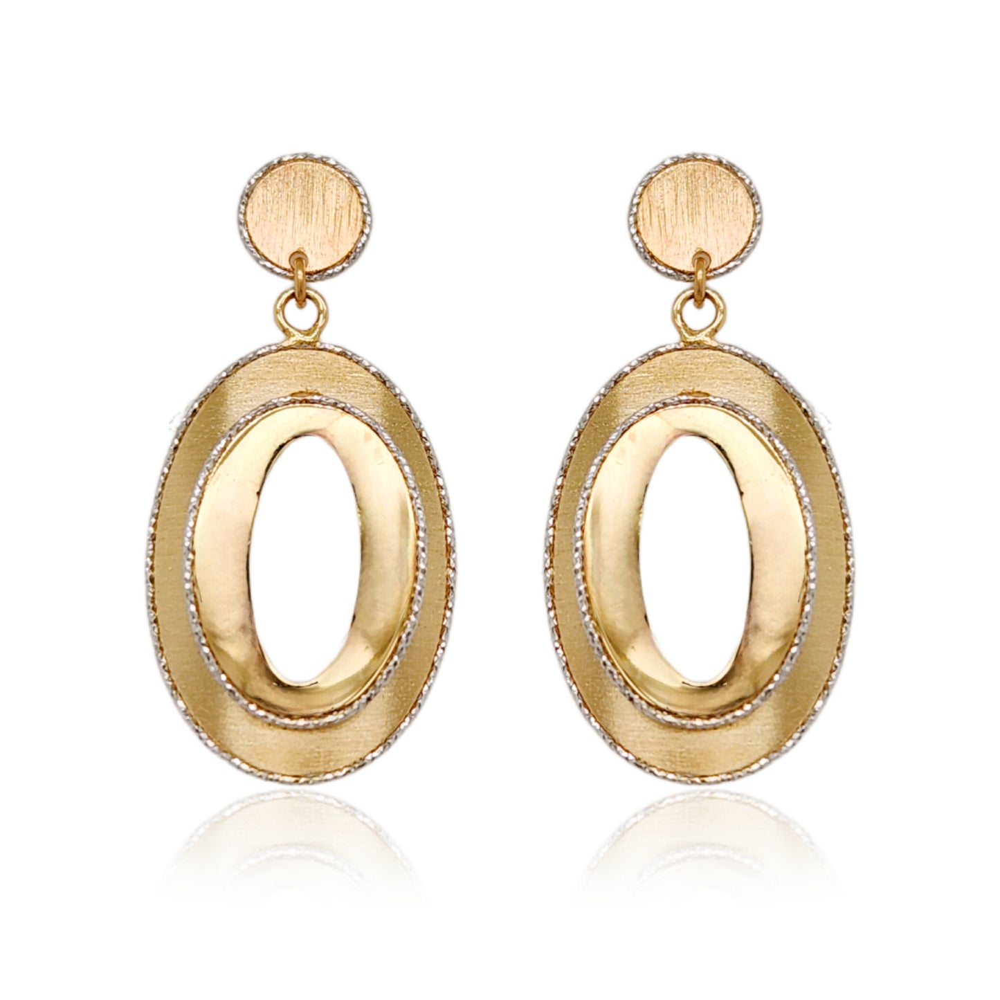 14K Gold Shiny Oval on Brushed Oval Diamond Cut Earrings