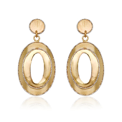 14K Gold Shiny Oval on Brushed Oval Diamond Cut Earrings