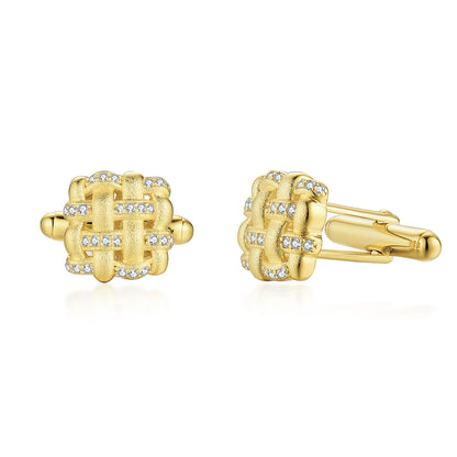Gold Plated Sterling Silver Weave Deign with Clear CZ Accent Cufflinks