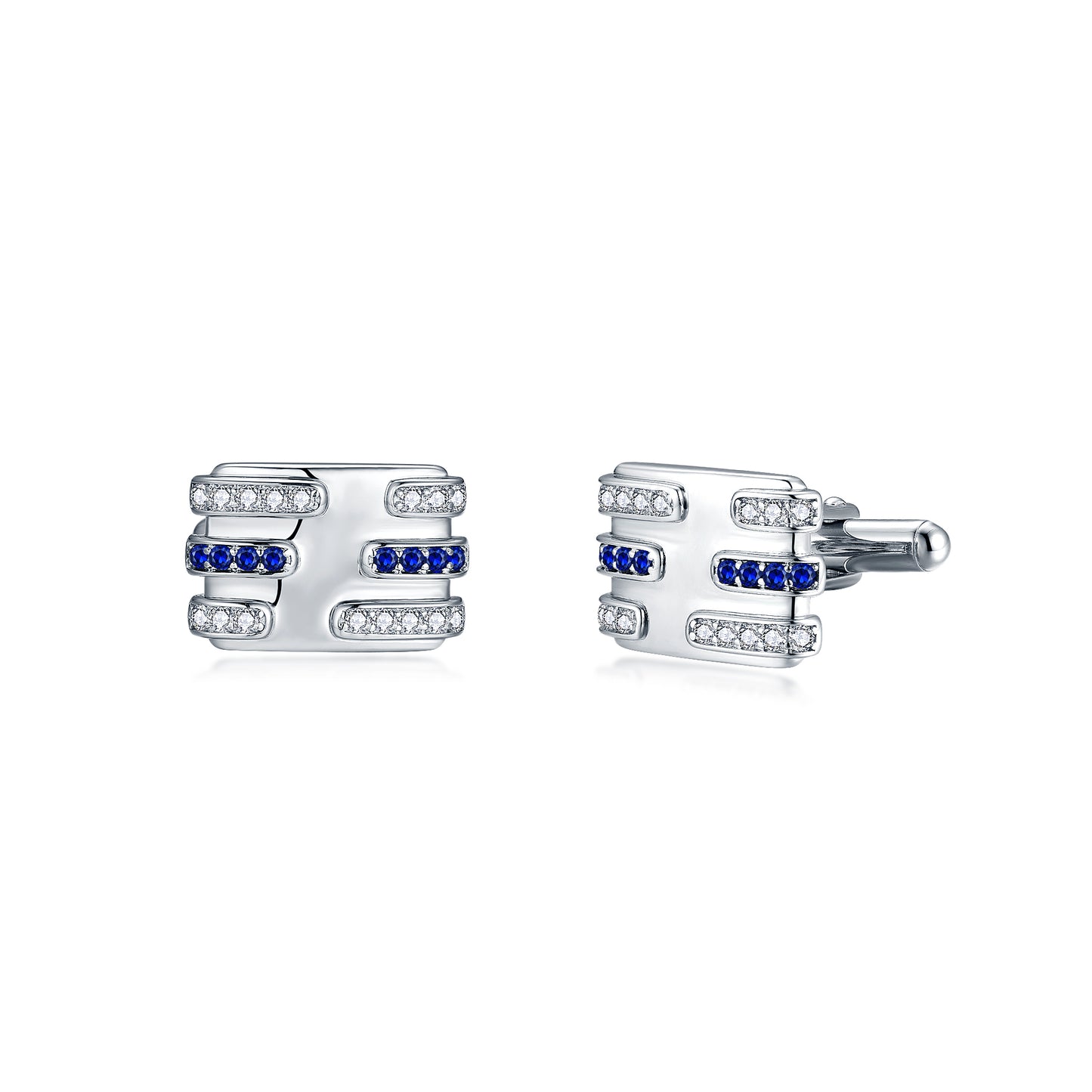 Sterling Silver With Clear and Sapphire CZ Lines Cufflinks