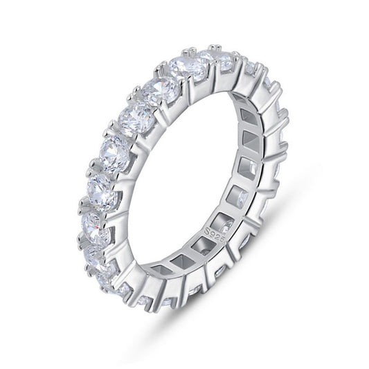 Rhodium Plated Sterling Silver 3mm CZ Eternity Band Ring in Basket Setting