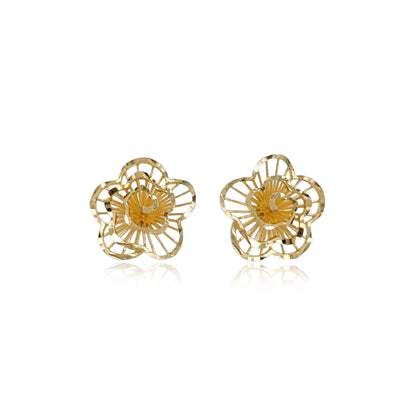 14K Gold Diamond Cut Flower Stud Earrings