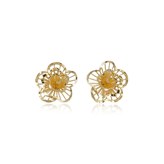 14K Gold Diamond Cut Flower Stud Earrings