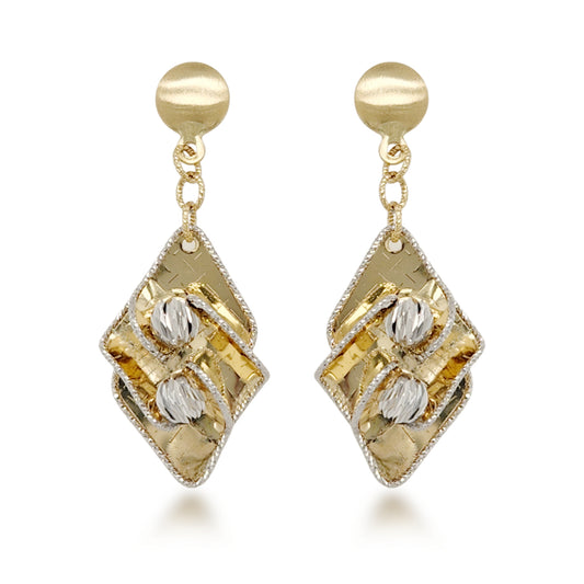 14K Gold Dangling Diamond Cut Diamond Shape Earrings