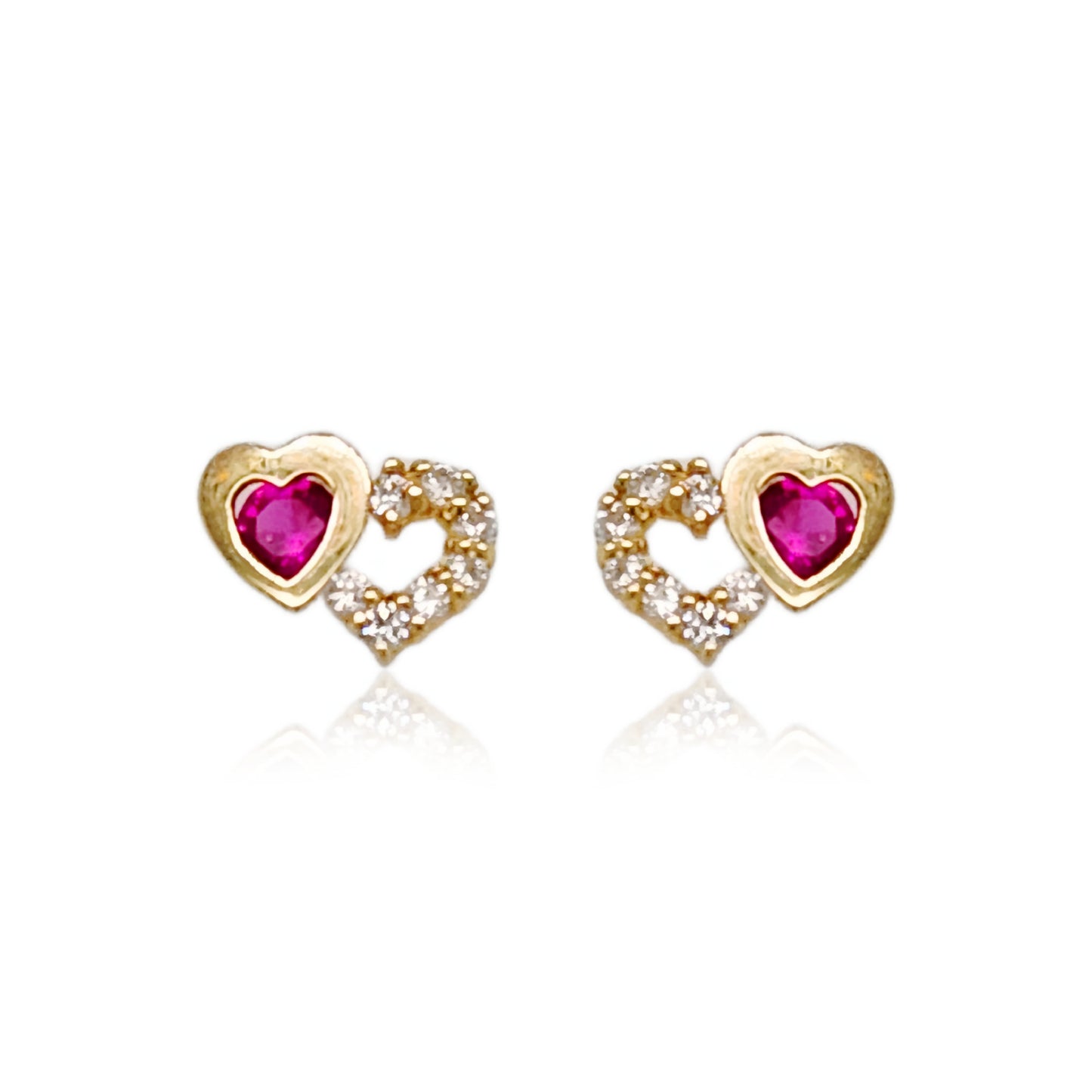 14k Gold Small Double Heart With Ruby CZ Stud Earrings