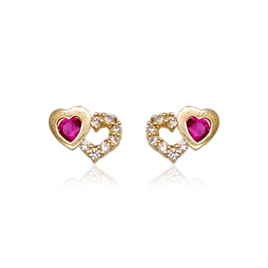 14k Gold Small Double Heart With Ruby CZ Stud Earrings