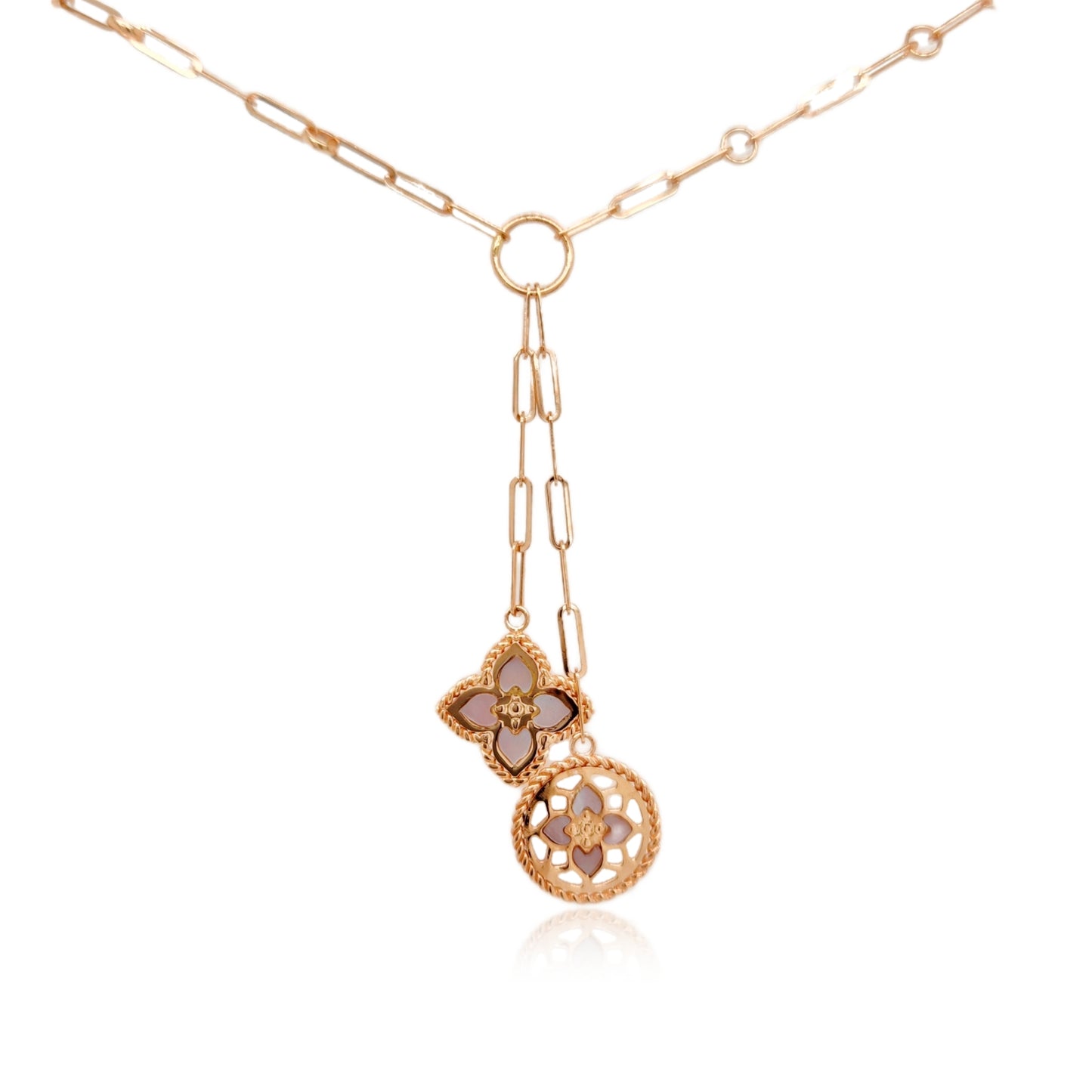 14K Rose Gold Clover Lariat Necklace On Paperclip Chain