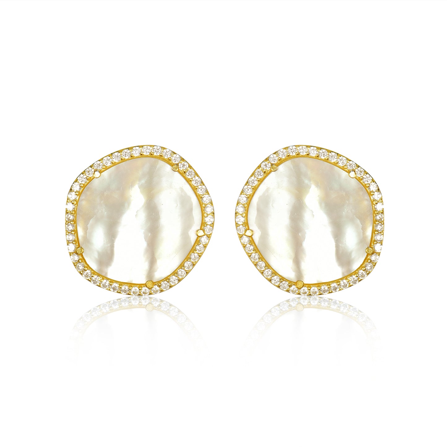 Gold-Plated Sterling Silver CZ Border With Mother of Pearl Natural Shape Stud Earrings