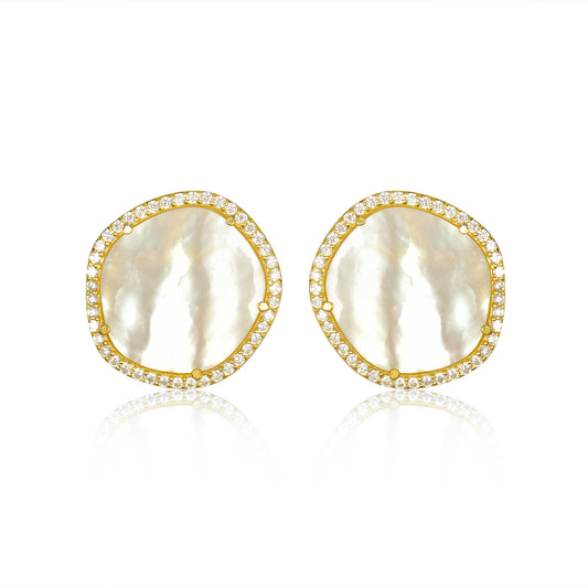 Gold-Plated Sterling Silver CZ Border With Mother of Pearl Natural Shape Stud Earrings